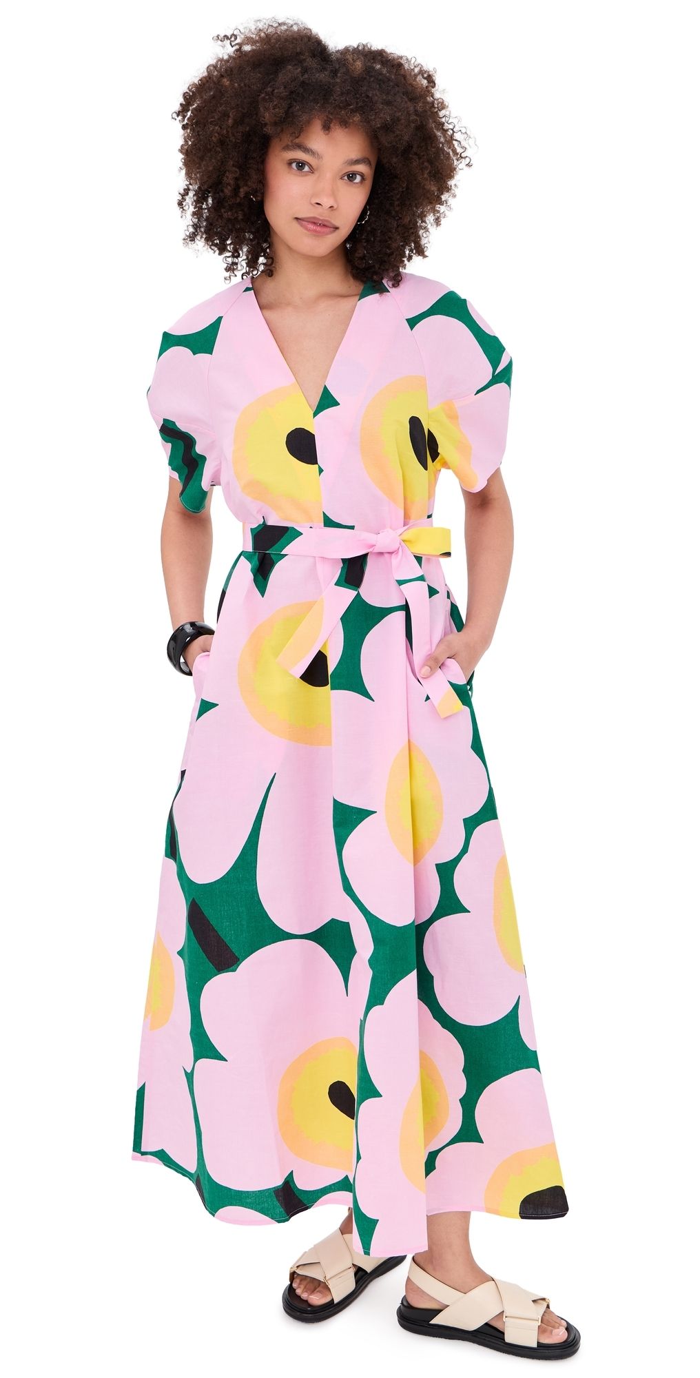 Marimekko Kaffet Unikko Dress Green/Light Pink/Yellow 44