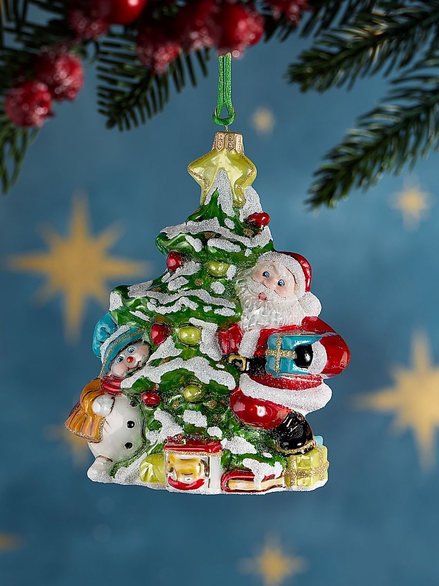 Santa Snowman Holiday Tree Glass Ornament