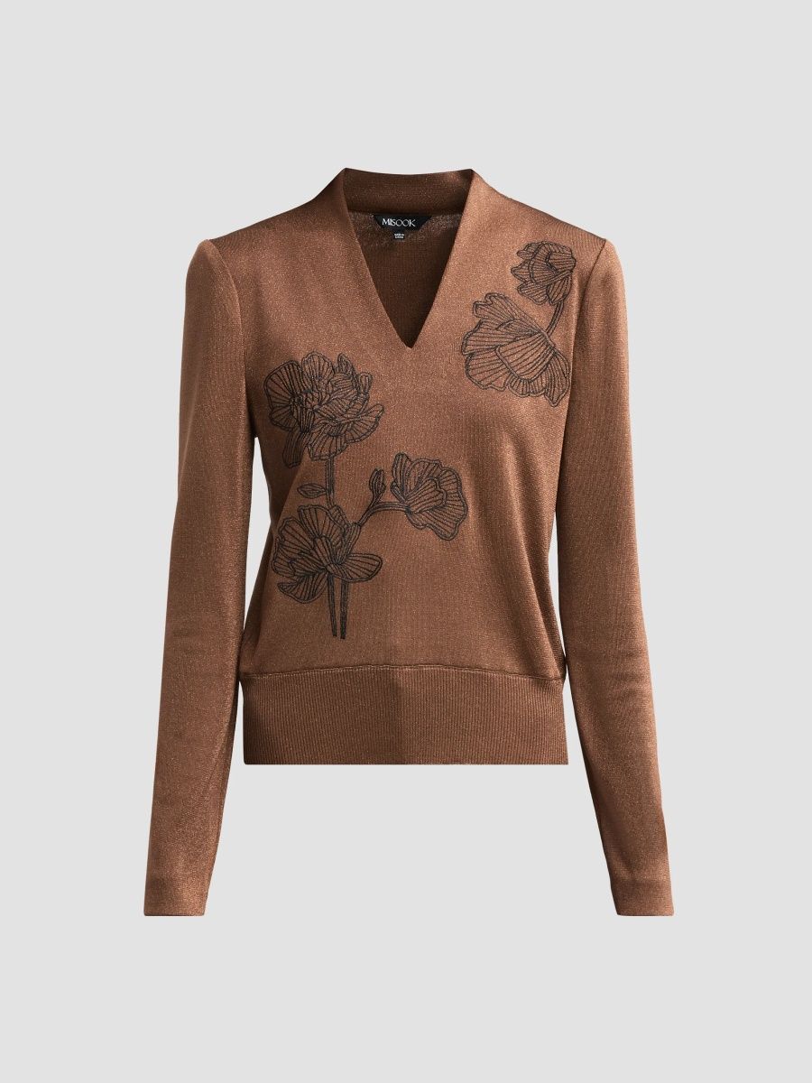 Misook Women's Embroidered Metallic-Knit Top - Mahogany Gold Lurex - Size Small