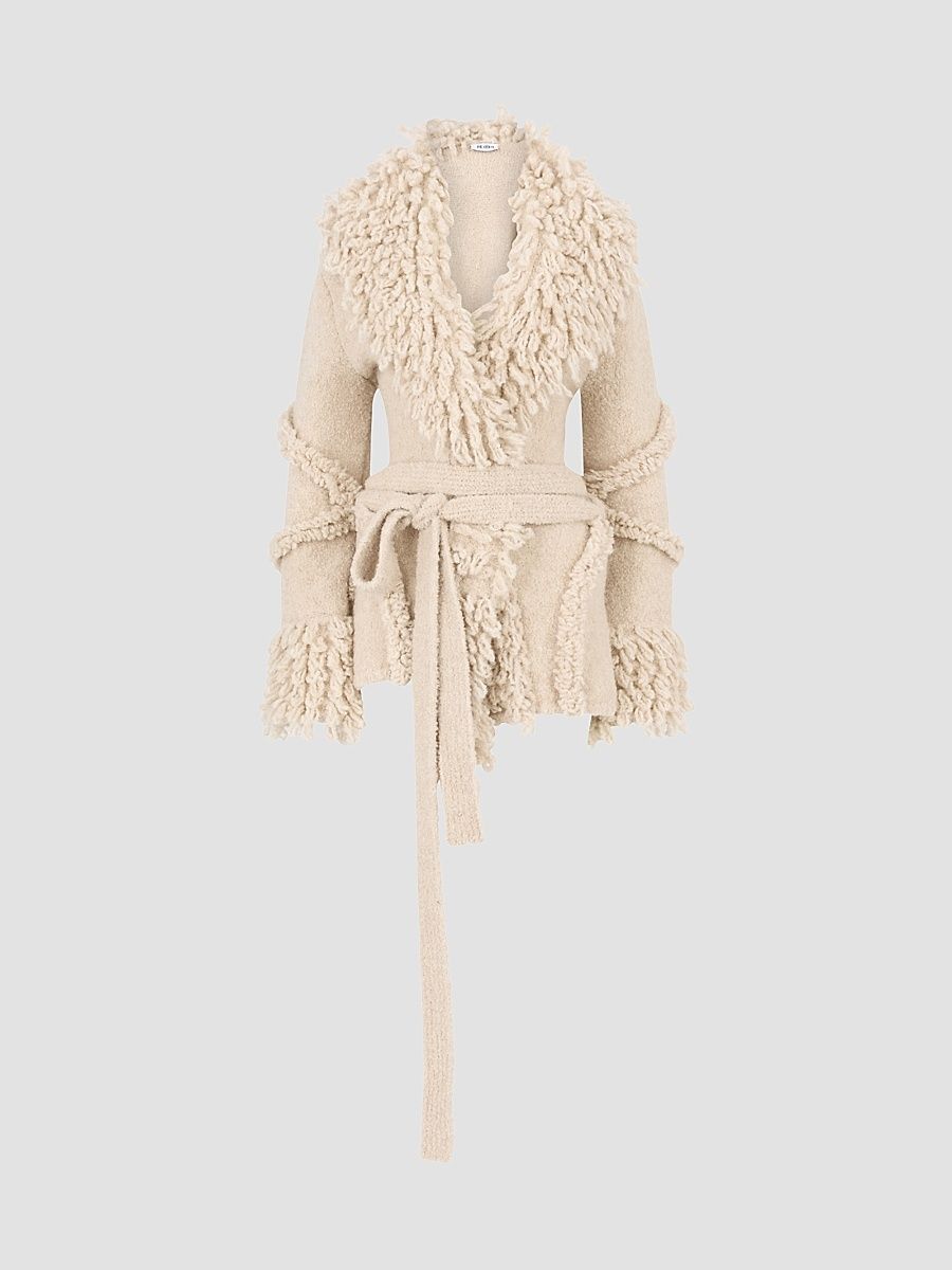 Women's Fuzzy Shawl-Collar Wrap Coat - Beige - Size 00