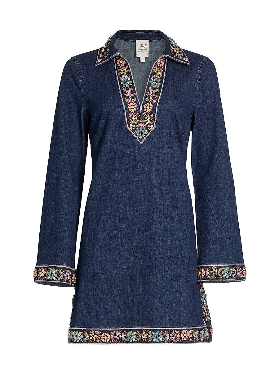 Women's Pierson Beaded Embellished Denim Mini-Shirtdress - Abyss - Size 00