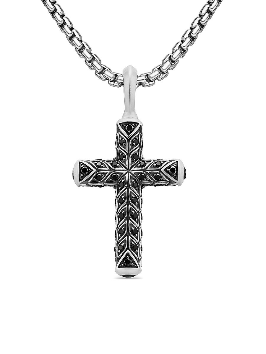 Men's Chevron Cross Pendant in Sterling Silver, 36MM - Black Diamond