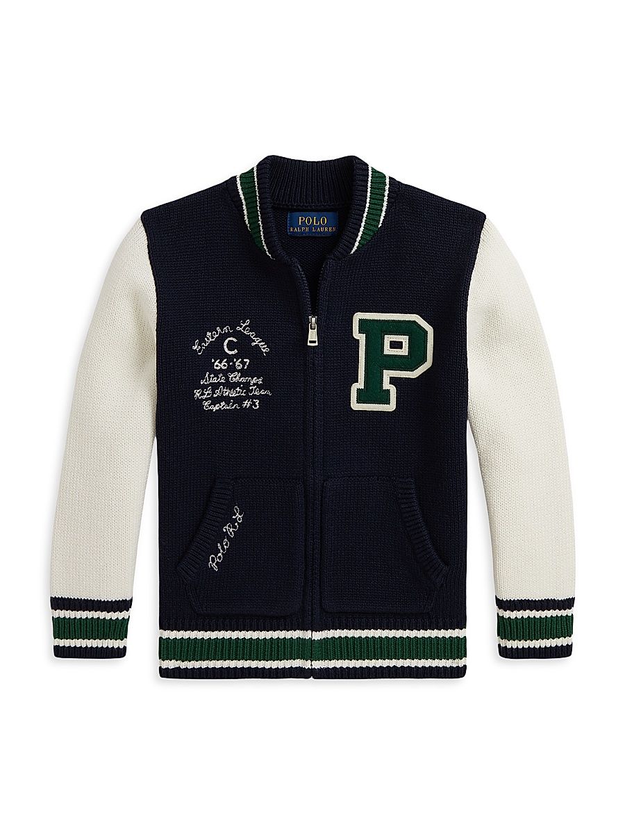 Little Boy's & Boy's Cotton Full-Zip Letterman Sweater - Navy Multi - Size 8
