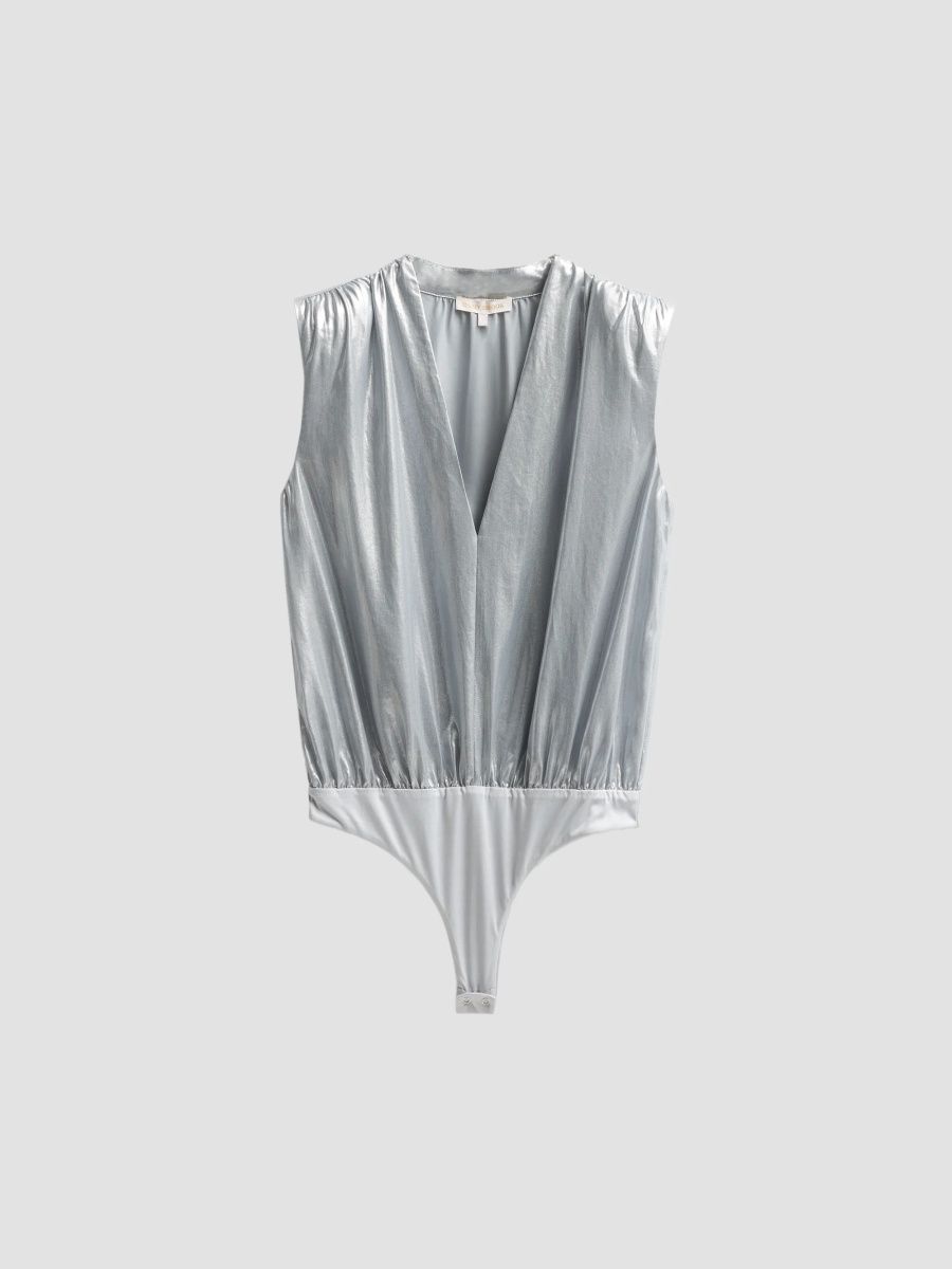 Ramy Brook Women's Lucien Metallic V-Neck Bodysuit - Light Silver - Size XL