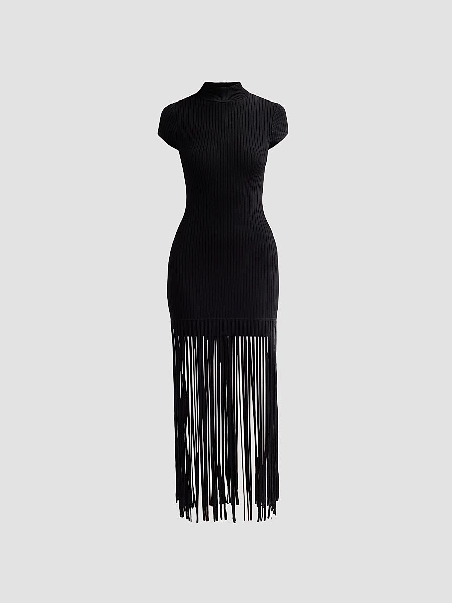Women's Jada Fringe Mock Turtleneck Midi Dress - Jet - Size XS