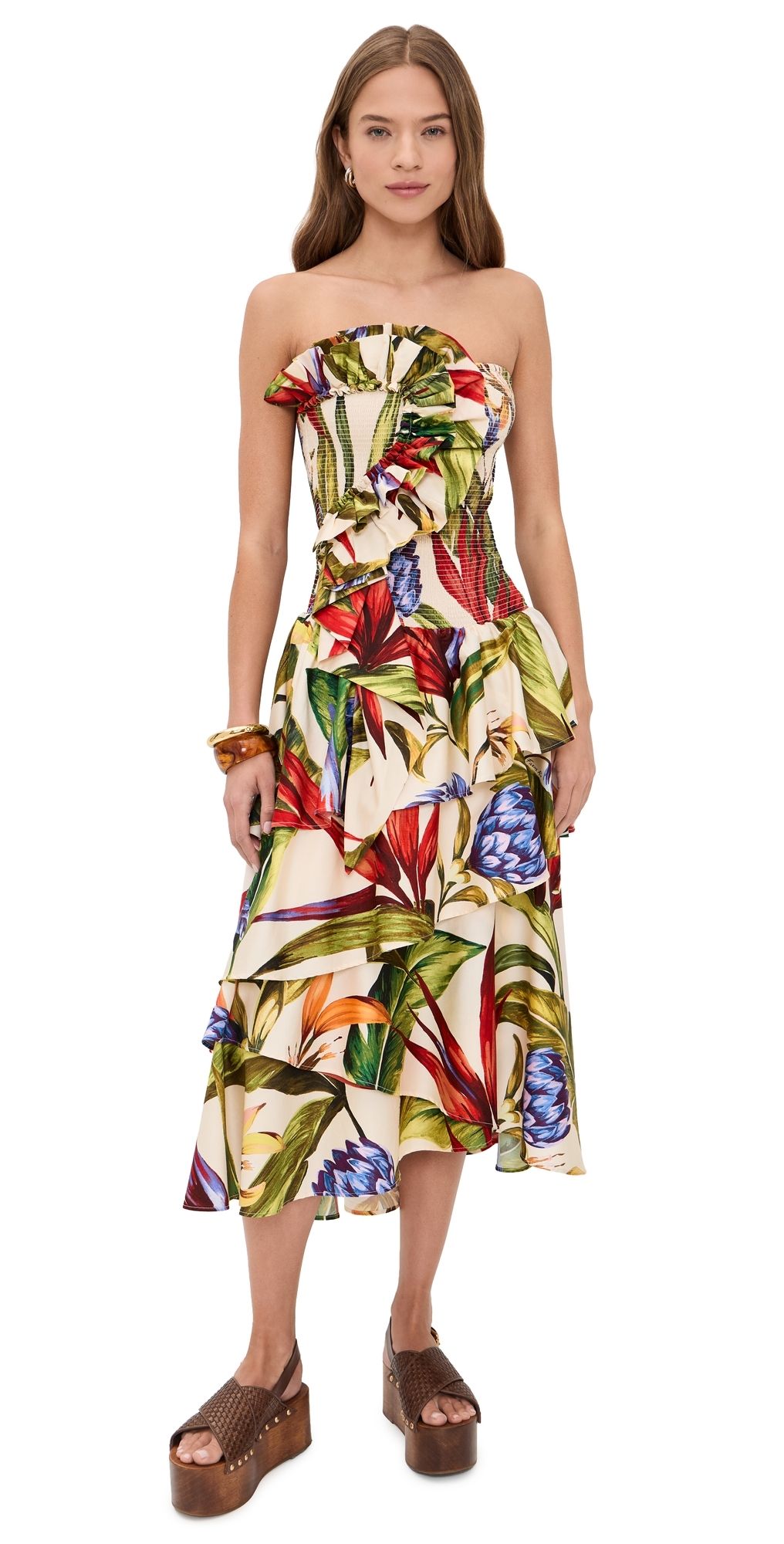 FARM Rio Floral Strapless Midi Dress Florart Sand L