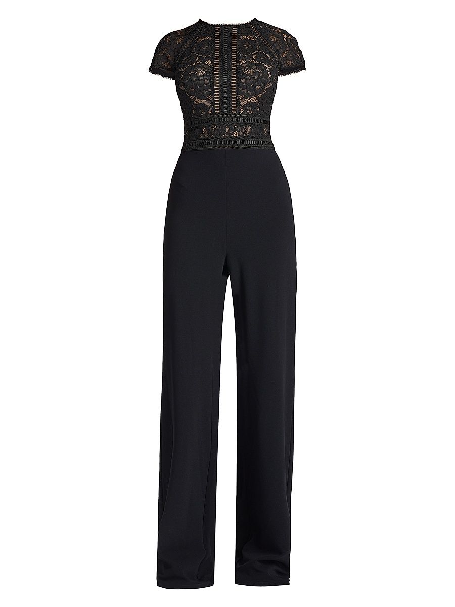 Women's Corded Lace Short-Sleeve Jumpsuit - Black Beige - Size 2