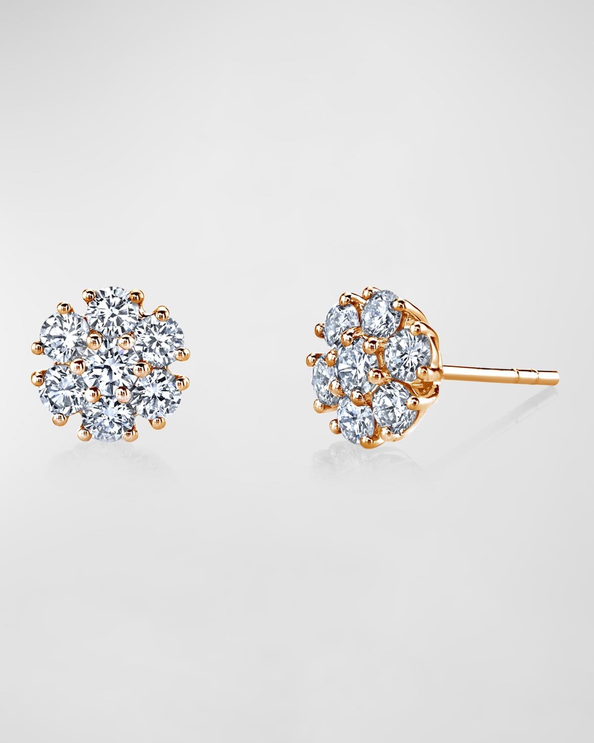 18K Gold Round Diamond Flower Stud Earrings, 1tcw, 0.31"L / 0.31"W