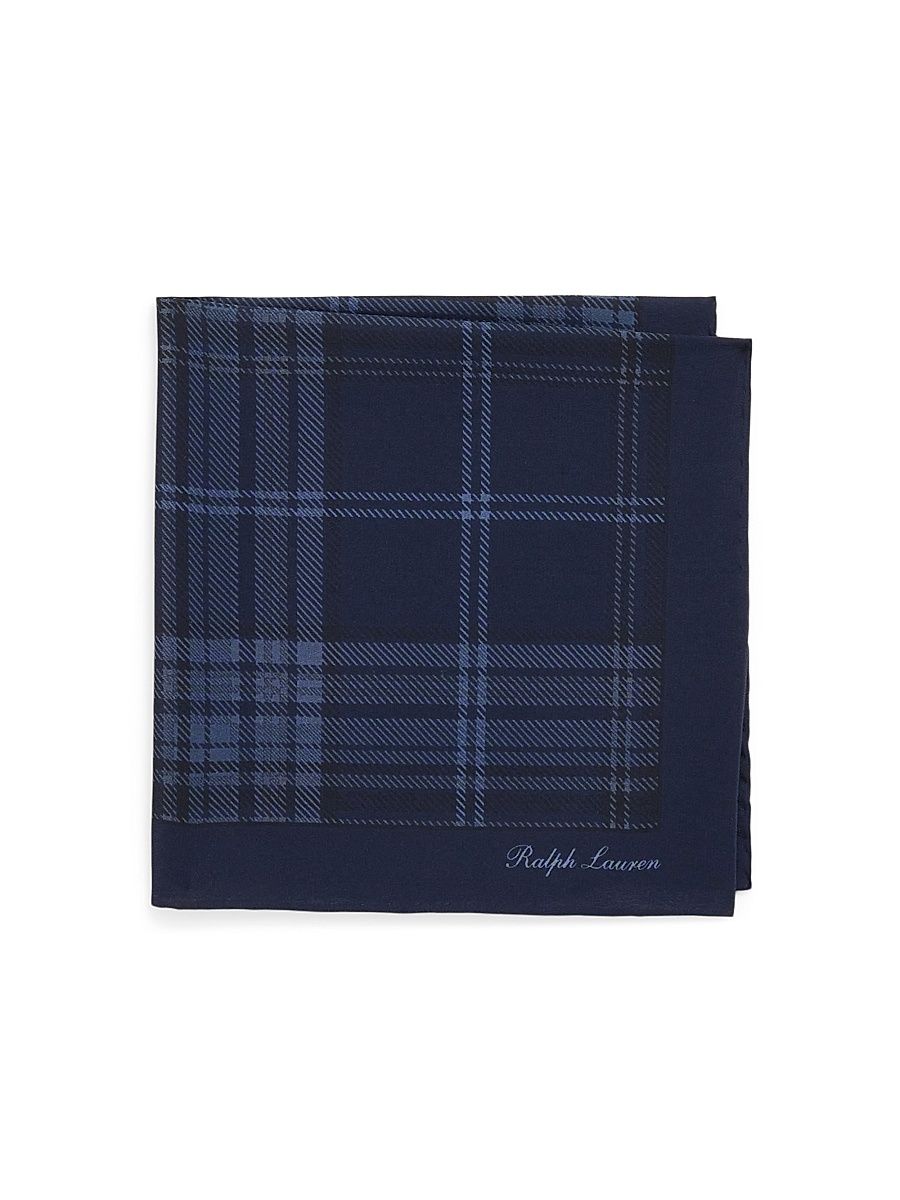 Men's Plaid-Print Silk Pocket Square - Navy