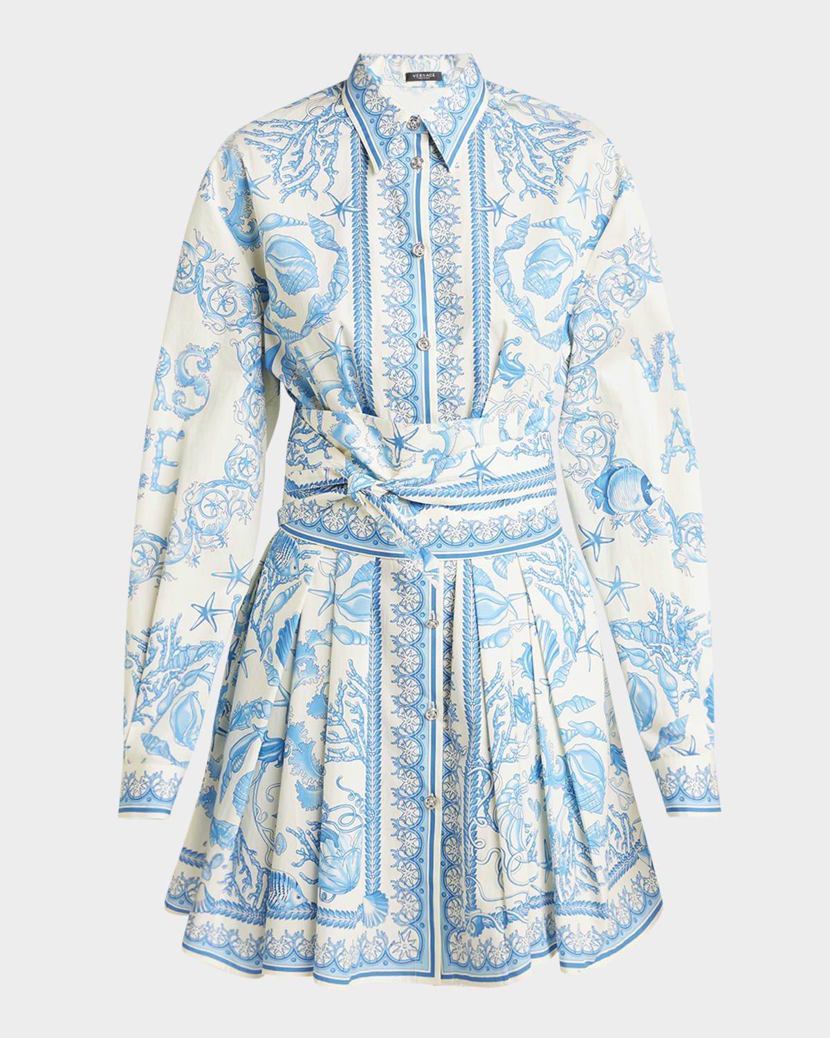 Pleated Baroque Scarf-Print Mini Shirtdress