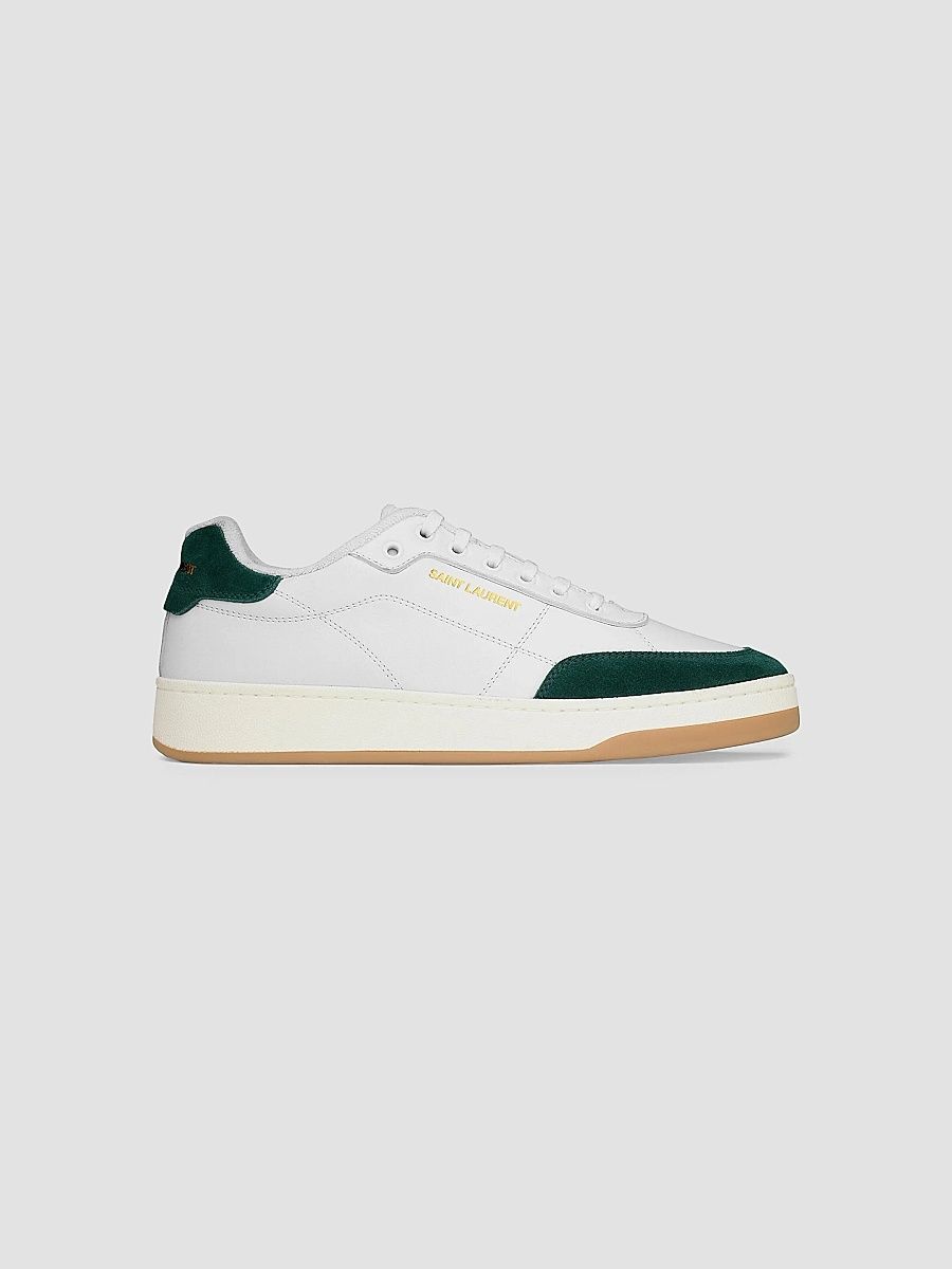 Saint Laurent Men's SL61 Sneakers in Smooth Leather - Optic White Bottle Green - Size 13