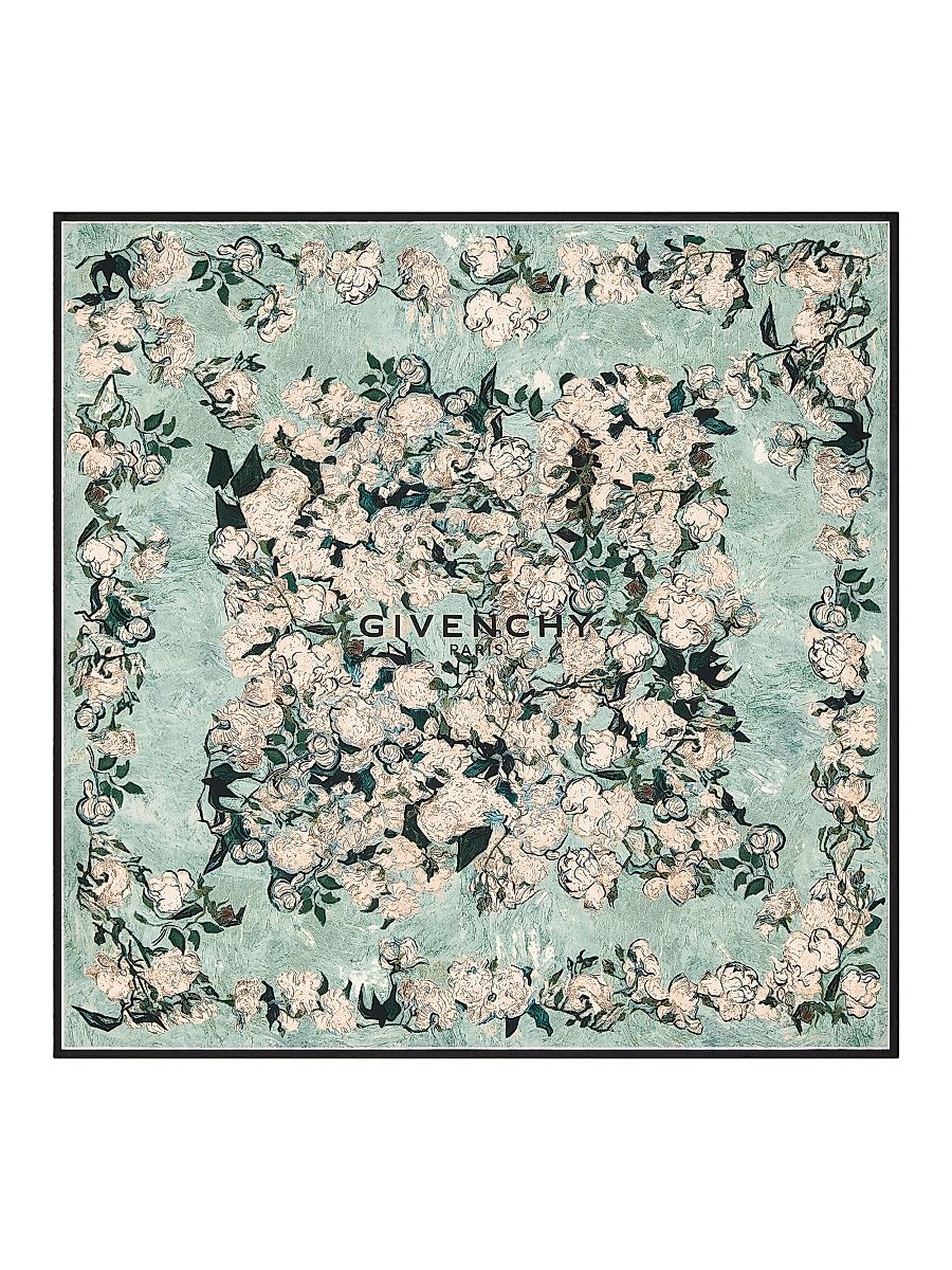 Women's Square Scarf in Silk with Roses Print - Light Mint Green