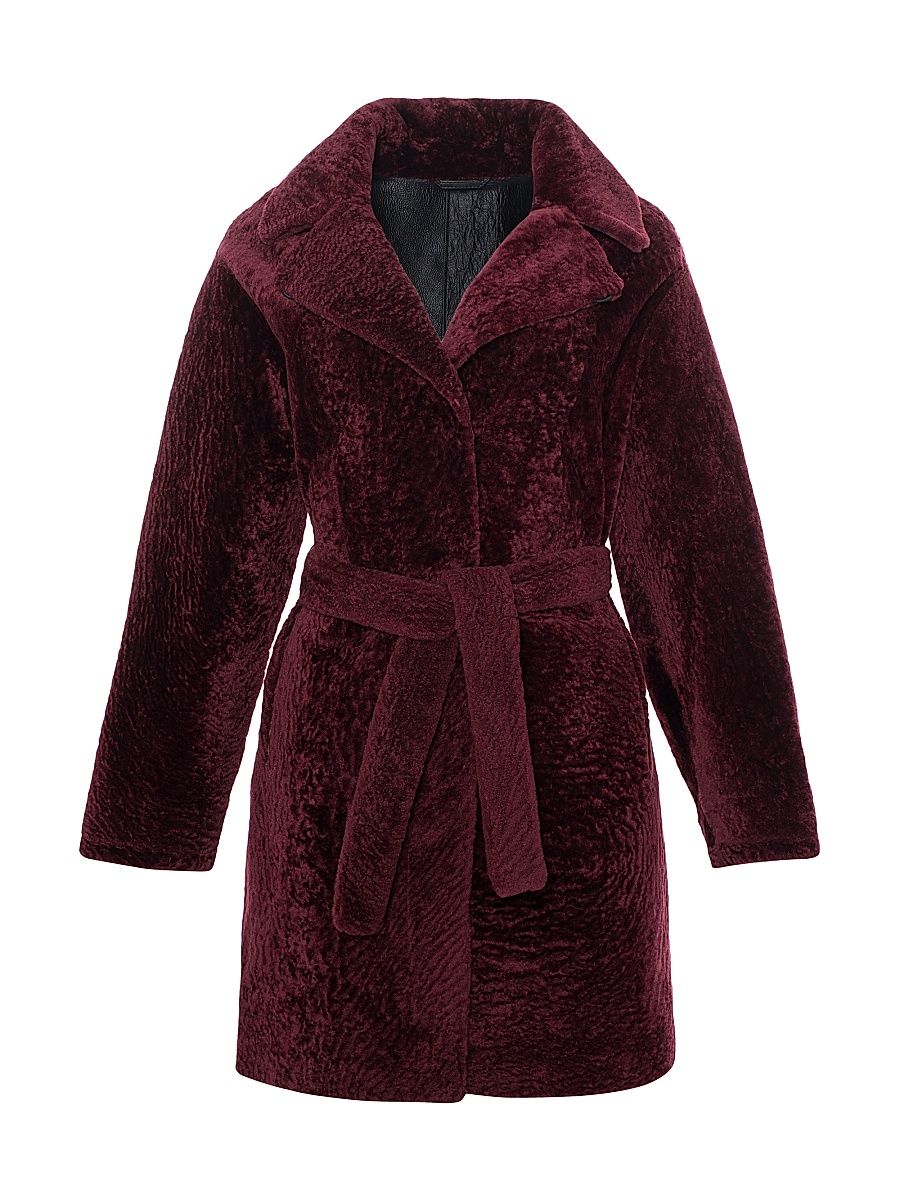 Women's Reversible Textured Shearling Lamb Stroller Belt - Burgundy - Size Small