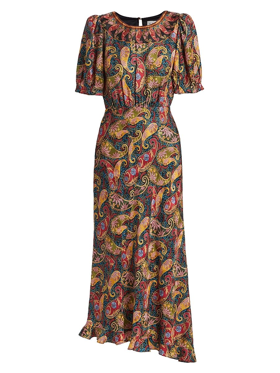 Women's Vida Paisley Satin Midi-Dress - Arabesque Border Print - Size 8