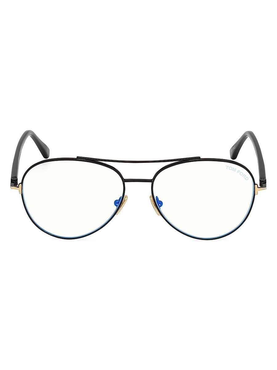 Men's 55MM Round Blue Block Optical Glasses - Shiny Black Blue Lens