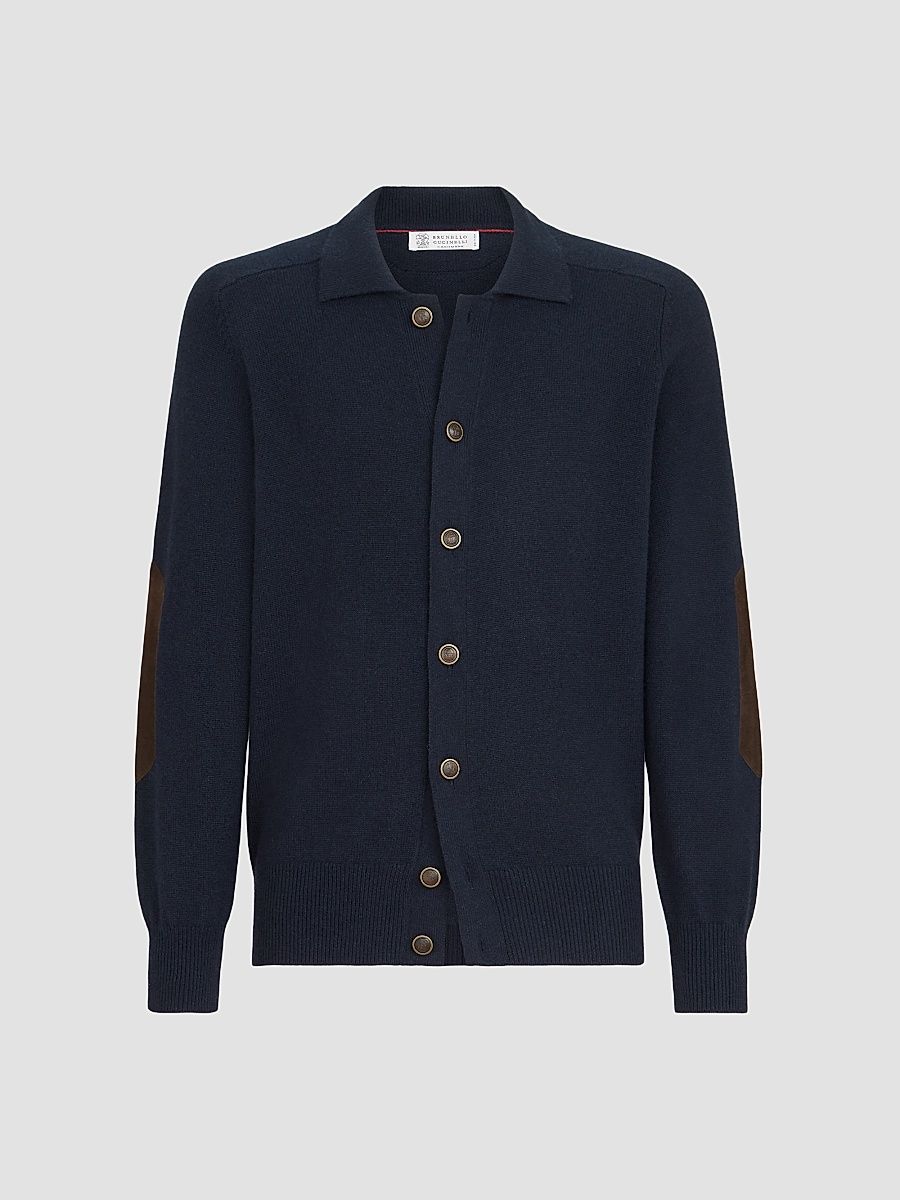 Men's Cashmere Cardigan with Shirt-Style Collar and Buttons - Navy Blue - Size 48