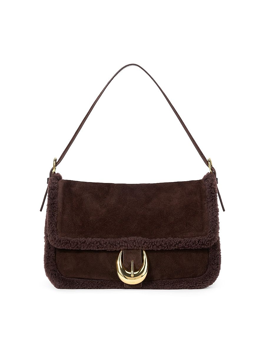 Women's Medium Harlow Shearling-Trim Suede Bag - Espresso