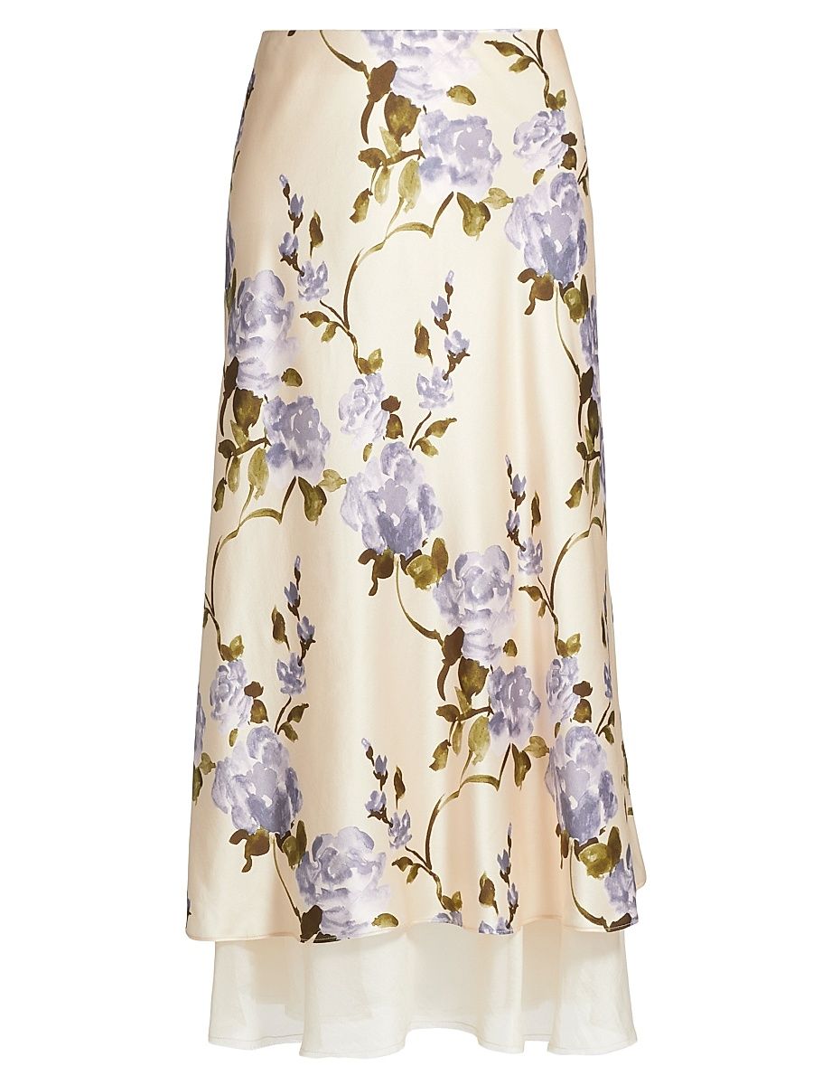 Women's Genoa Silk Chiffon-Trimmed Midi-Skirt - Moonflower Watercolor - Size Medium