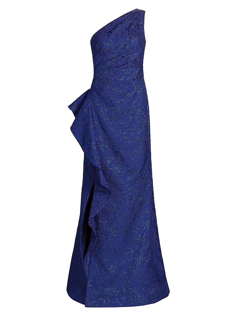 Women's Metallic Jacquard One-Shoulder Gown - Royal Multi - Size 16
