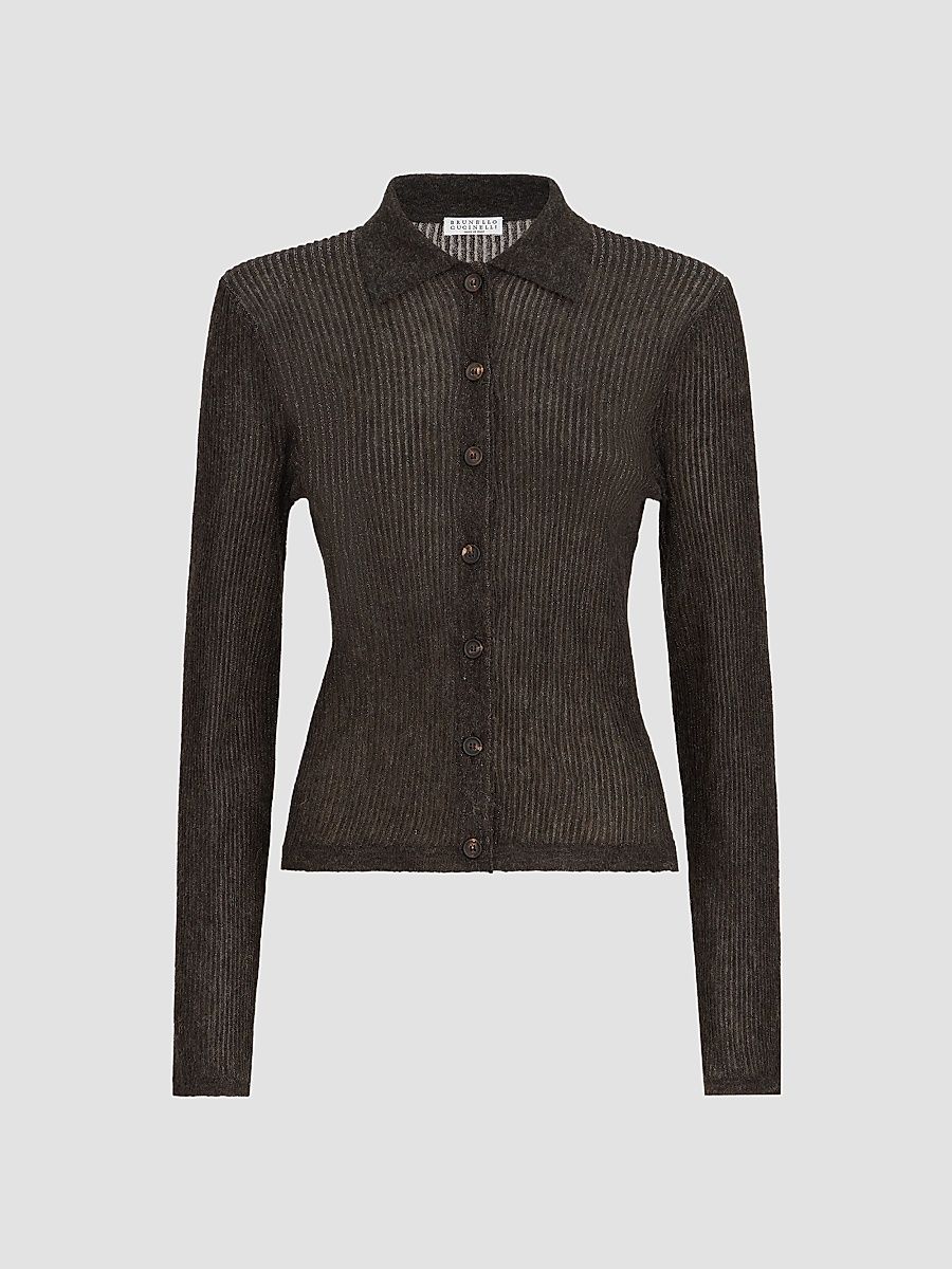 Women's Sparkling Silk, Alpaca and Wool Rib Knit Cardigan - Anthracite - Size XXXL