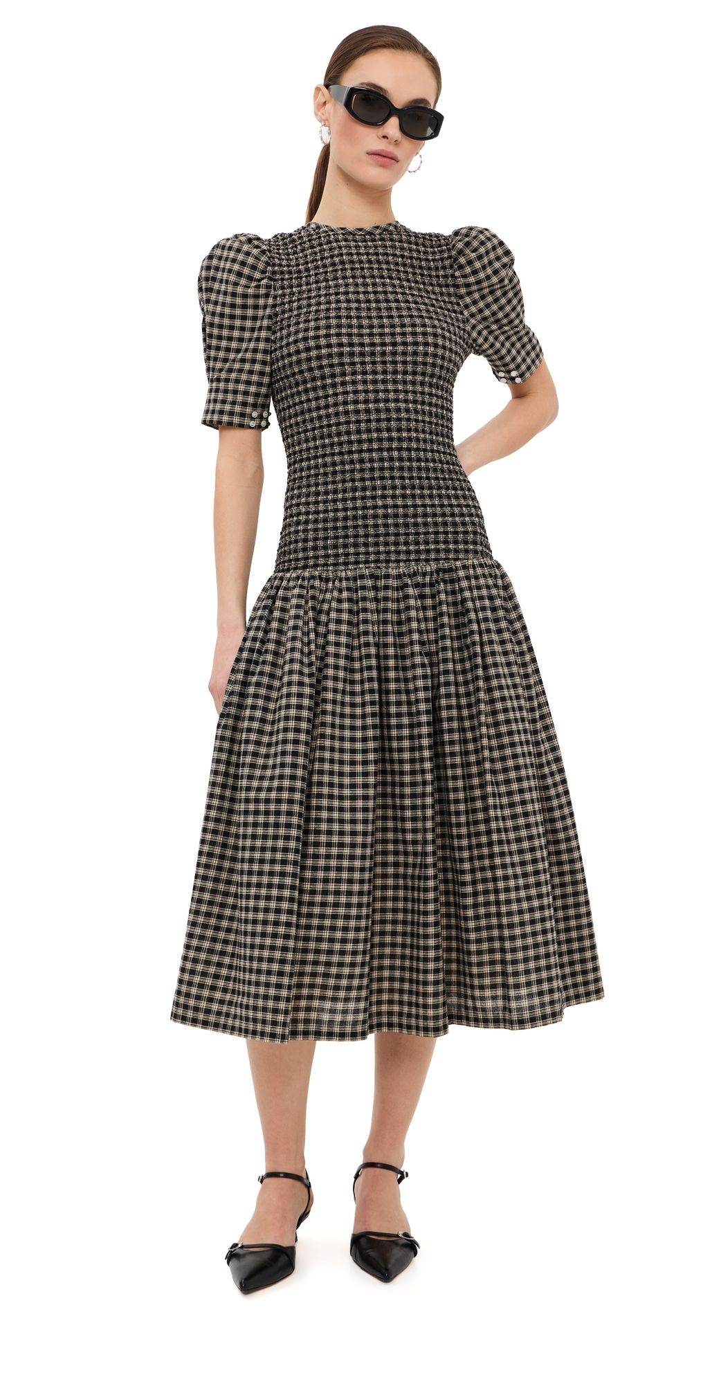 Tanner Fletcher Imelda Smocked Midi Dress Black Plaid M