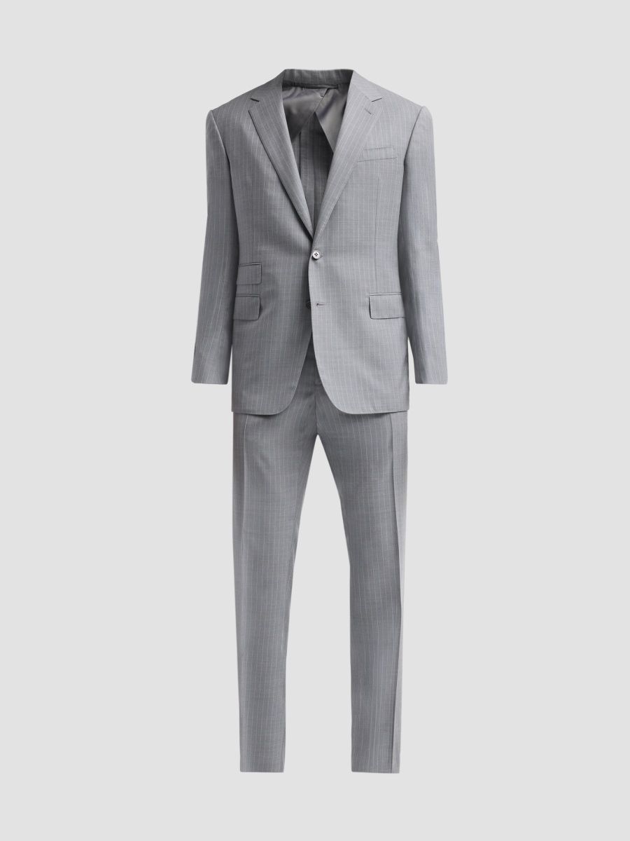Ralph Lauren Purple Label Men's Pinstriped Cotton-Blend Suit - Grey Cream - Size 46