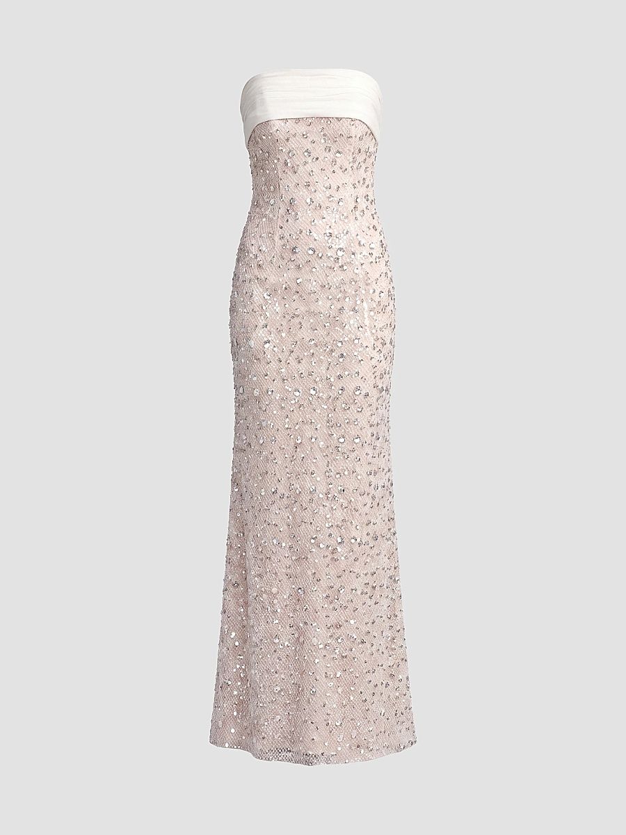 Women's Embellished Strapless Bow Column Gown - Ivory Beige - Size 14