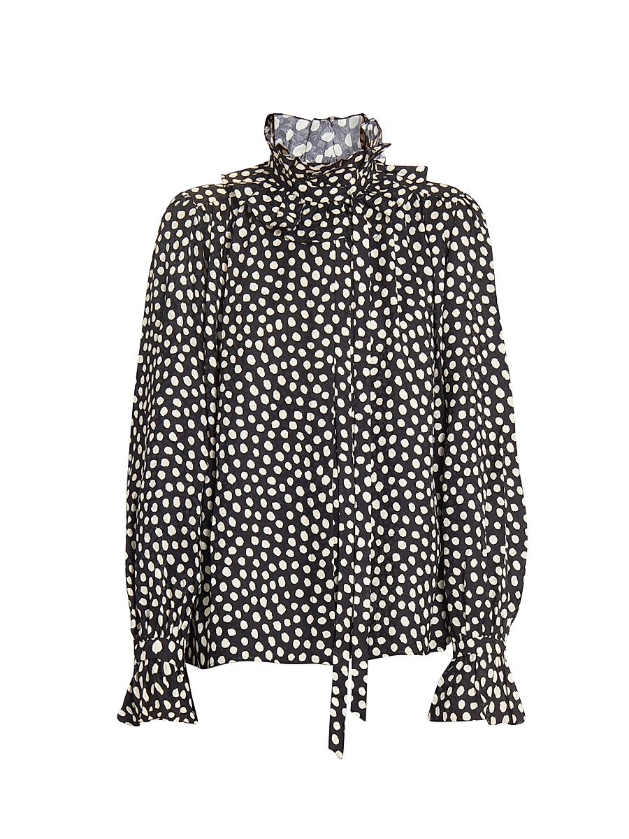 Women's Dot Print Silk Ruffle Blouse - Beige Black - Size 8