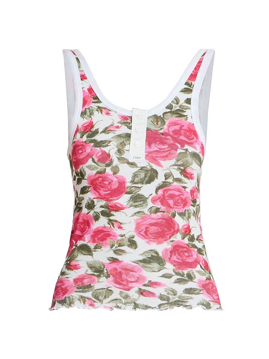 Women's Floral Rib-Knit Cotton Tank - White Pink - Size XS