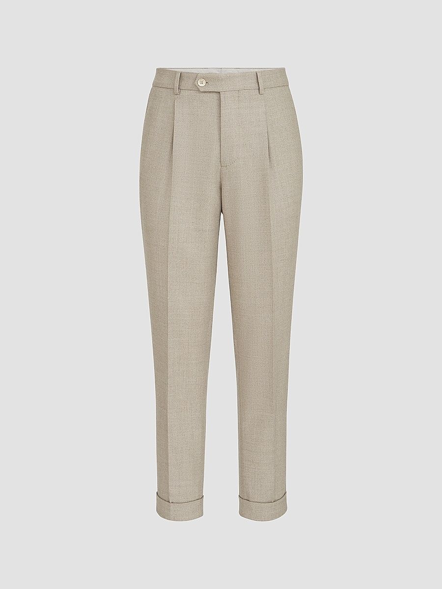 Men's Virgin Wool Mouliné Twill Trousers with Pleat - Beige - Size 46
