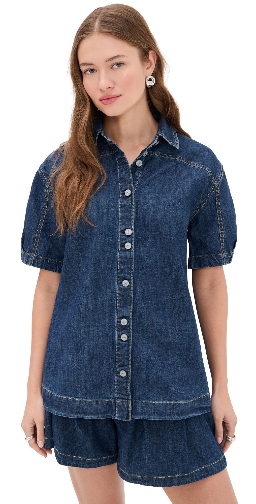 Free People Griselda Denim Button Down and Shorts Set Sea Dream Wash 0