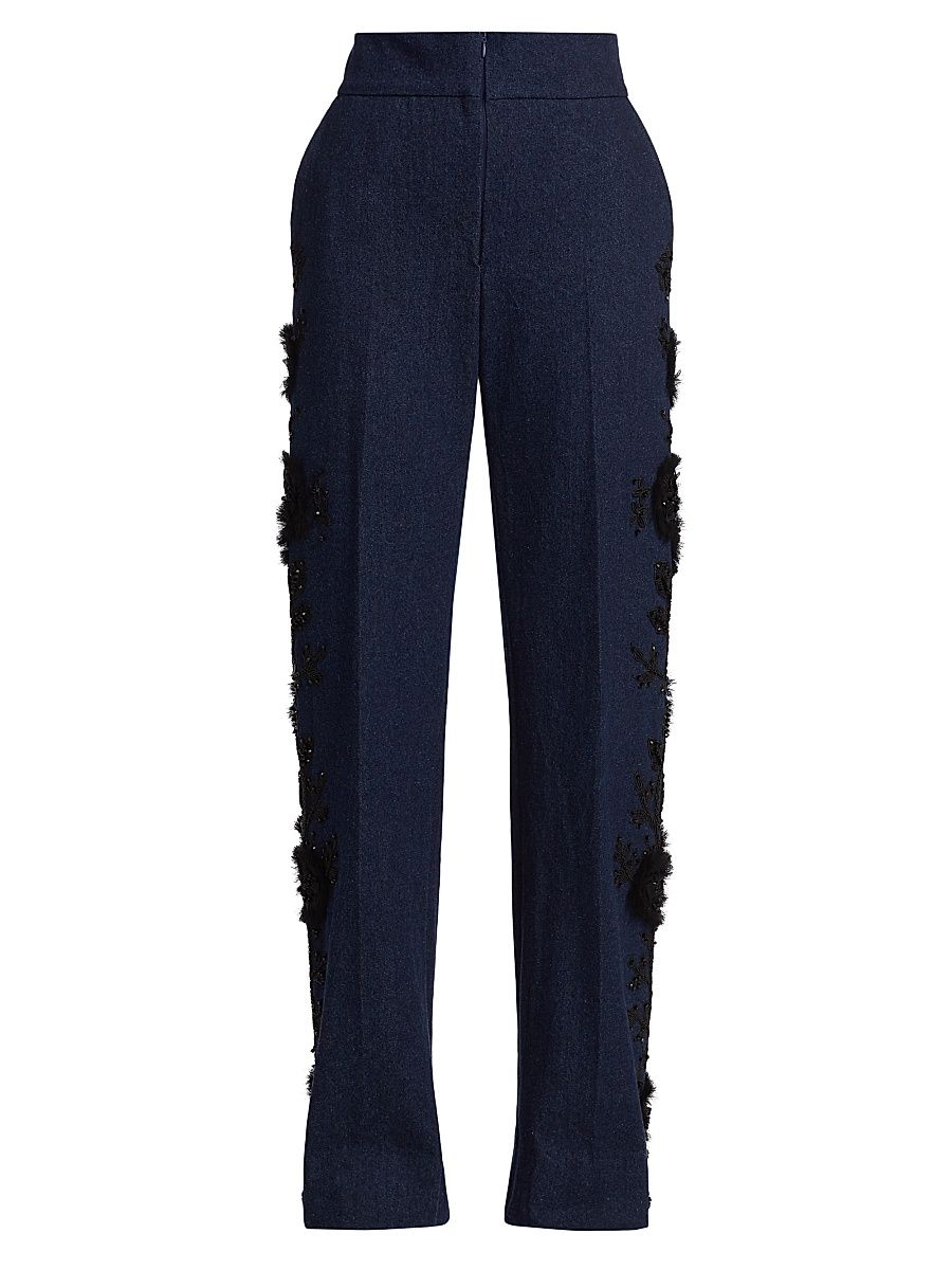 Women's Rebirth Embroidered Flat-Front Denim Trousers - Navy - Size 10