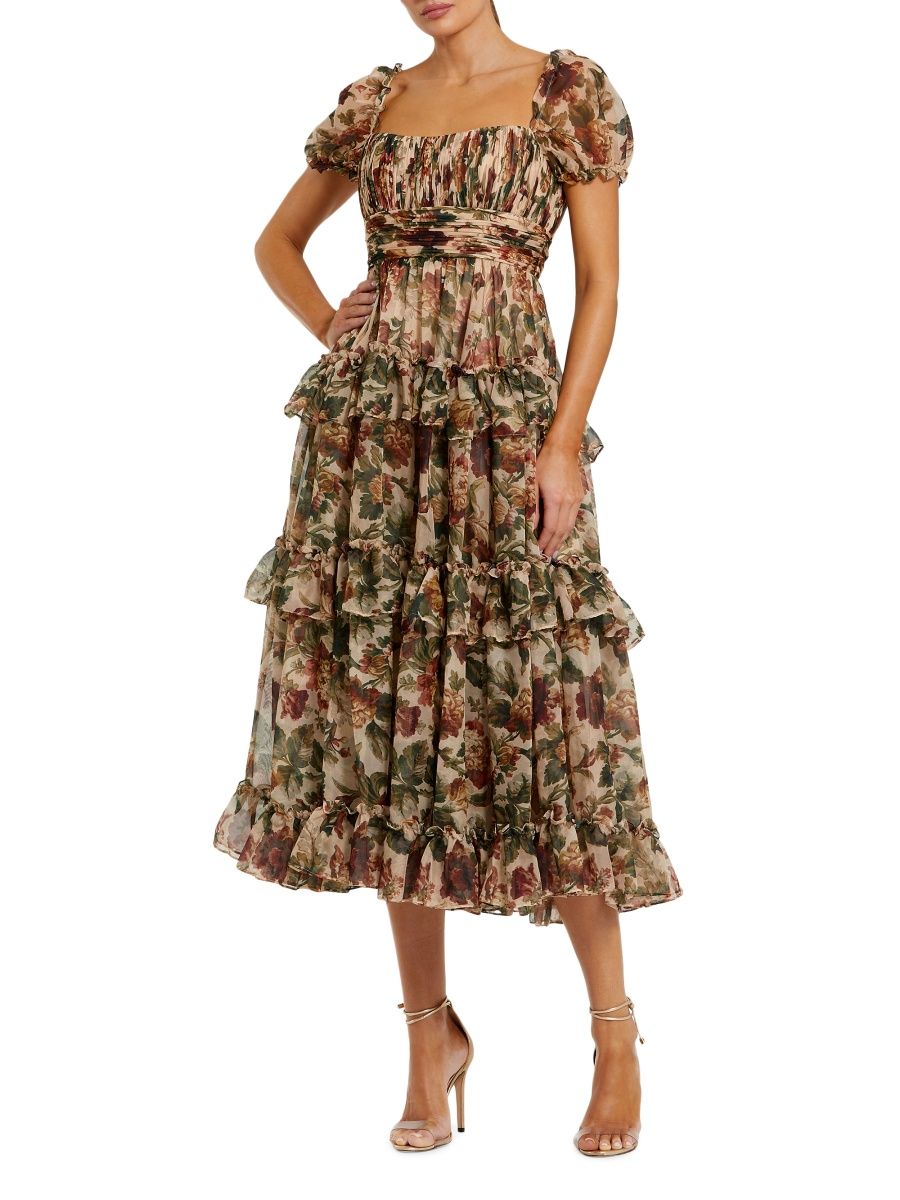 Mac Duggal Women's Floral Ruffled Chiffon Midi-Dress - Cream Multi - Size 12