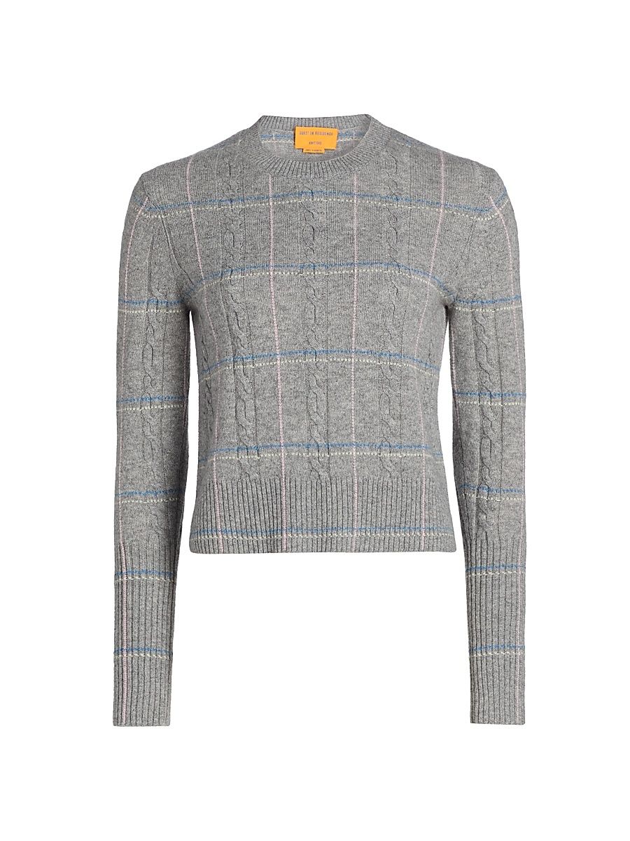 Women's Shrunken Plaid Cable-Knit Crewneck Sweater - Heather Grey Combo - Size Small