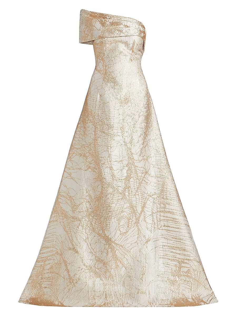 Women's Metallic Jacquard Fit & Flare One-Shoulder Gown - Ivory Gold - Size 16