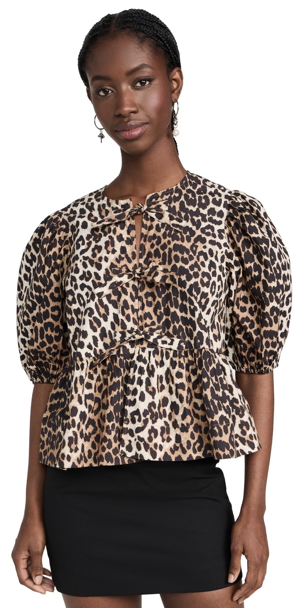 GANNI Printed Cotton Poplin Peplum Blouse Leopard 42