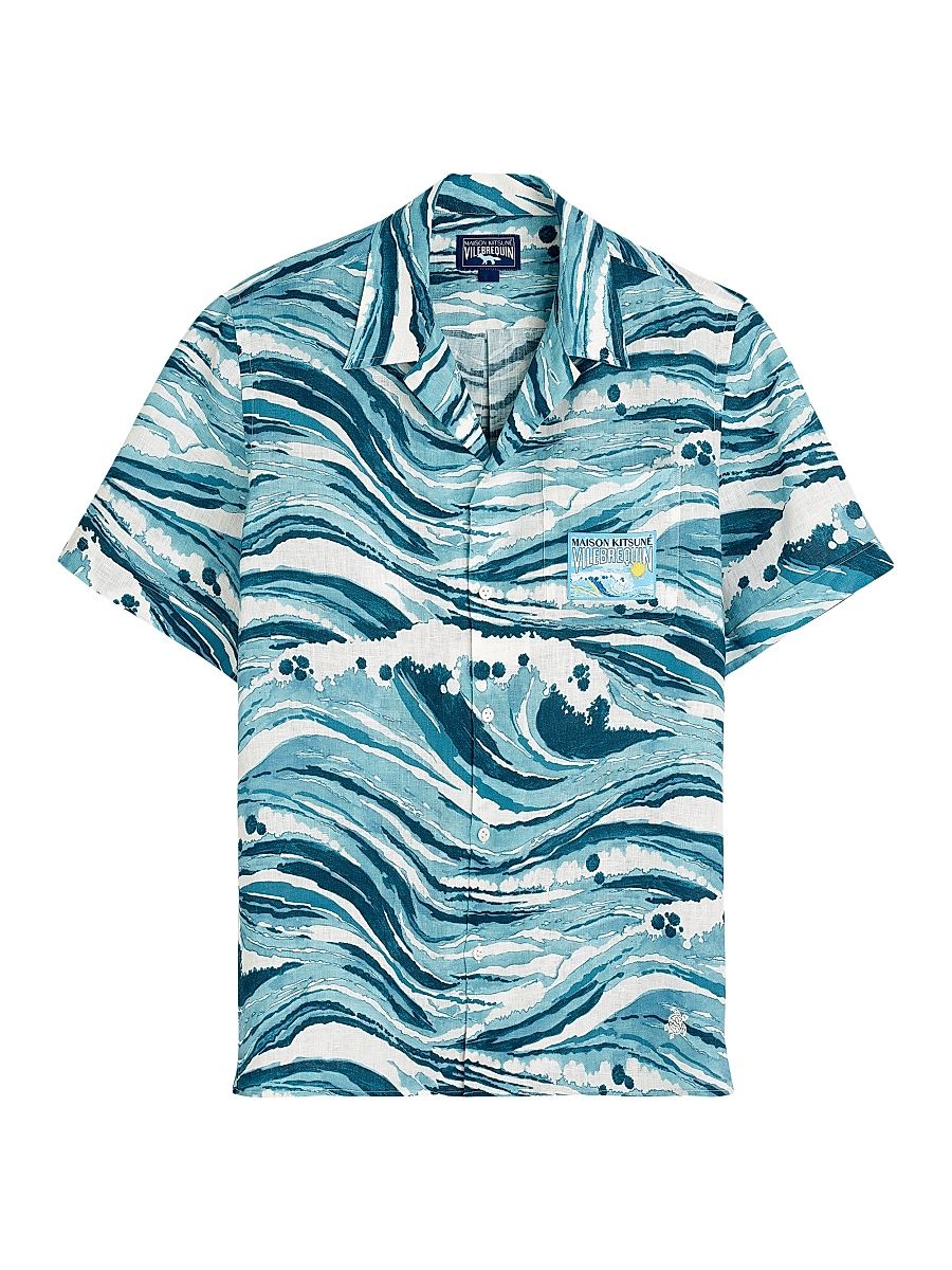 Men's Vilebrequin x Maison Kitsuné Wave Linen Short-Sleeve Shirt - Blue - Size XL