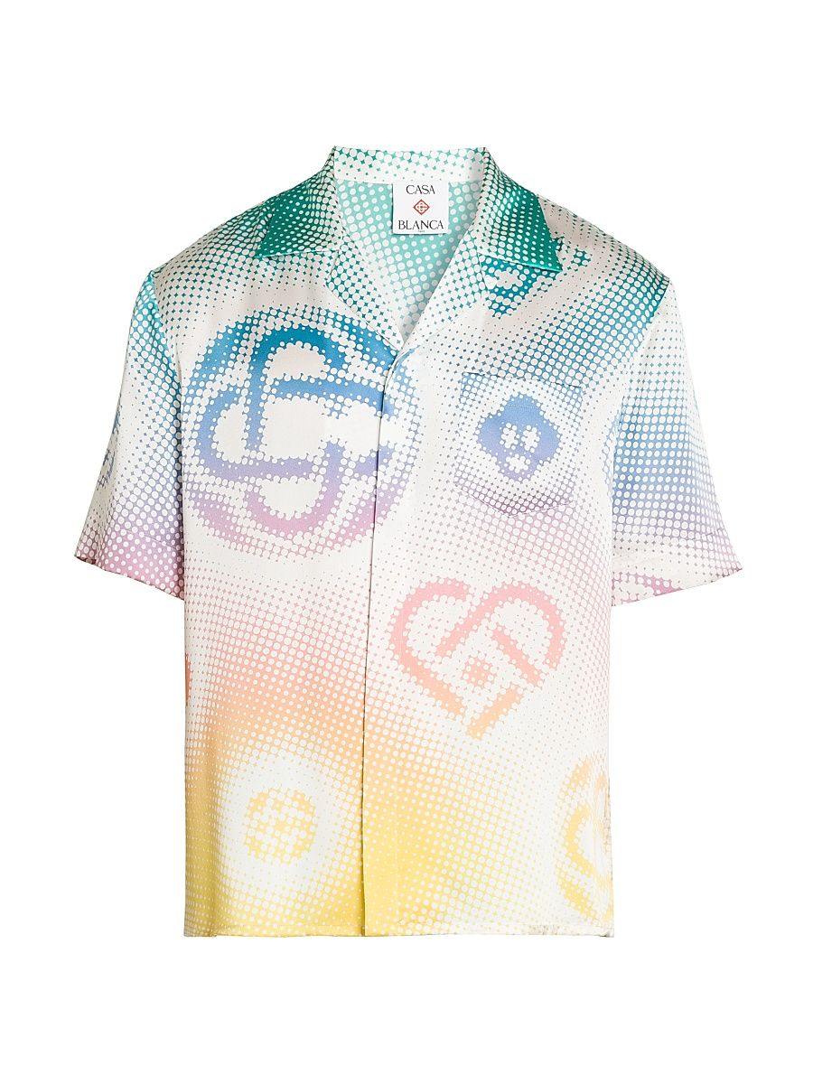 Men's Halftone Logo Silk Button-Front Shirt - Halftone Logos Repeat - Size XXXL