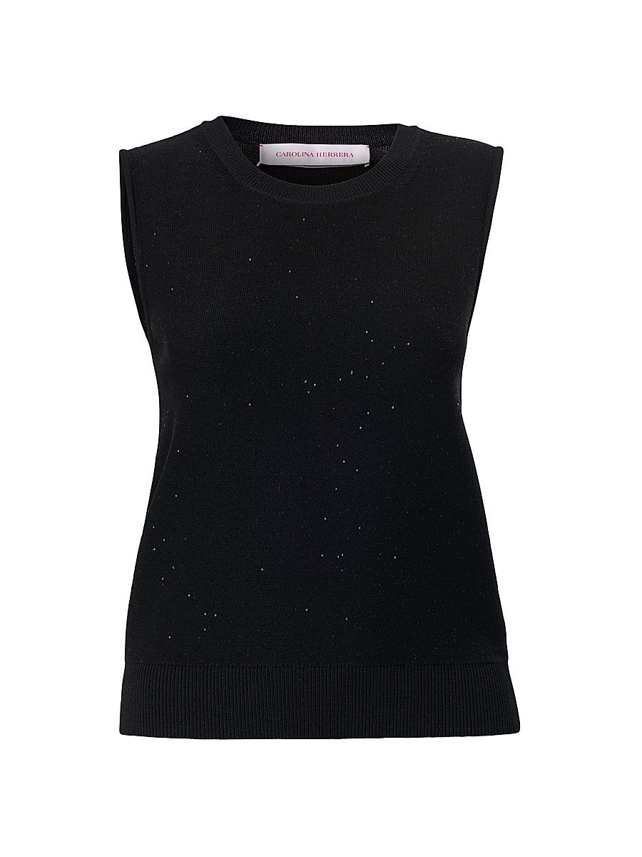 Women's Sequined Stretch-Wool Crewneck Tank - Black - Size Large