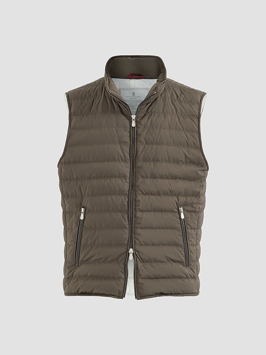 Men's Lightweight Techno Fabric Down Vest - Brown - Size Small
