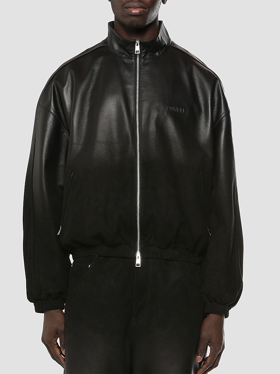 Men's Leather Track Jacket - Black - Size XXL