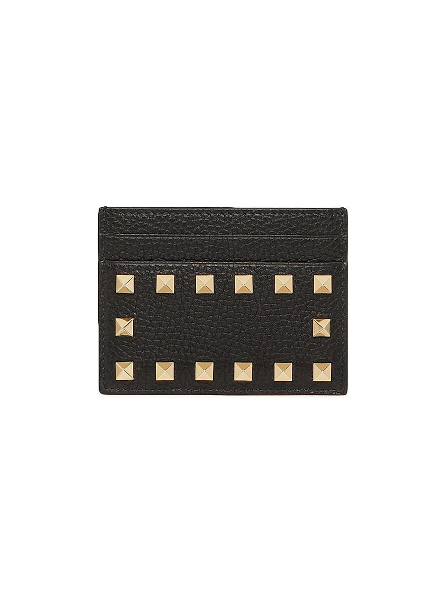 Women's Rockstud Grainy Calfskin Cardholder - Black