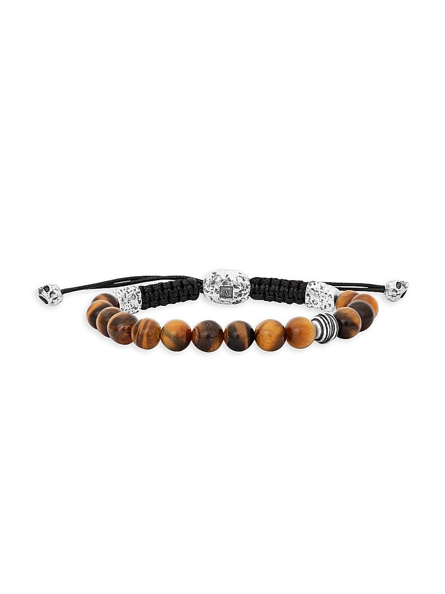 Men's Wrap Sterling Silver & Tiger Eye Skull Cord Bracelet - Silver