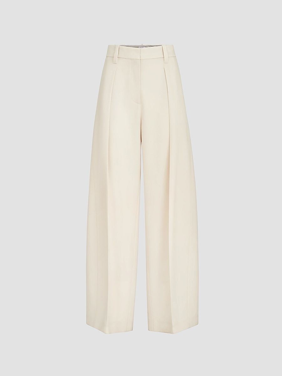 Women's Virgin Wool Gabardine Pleated Barrel Trousers with Monili - Milk - Size 14