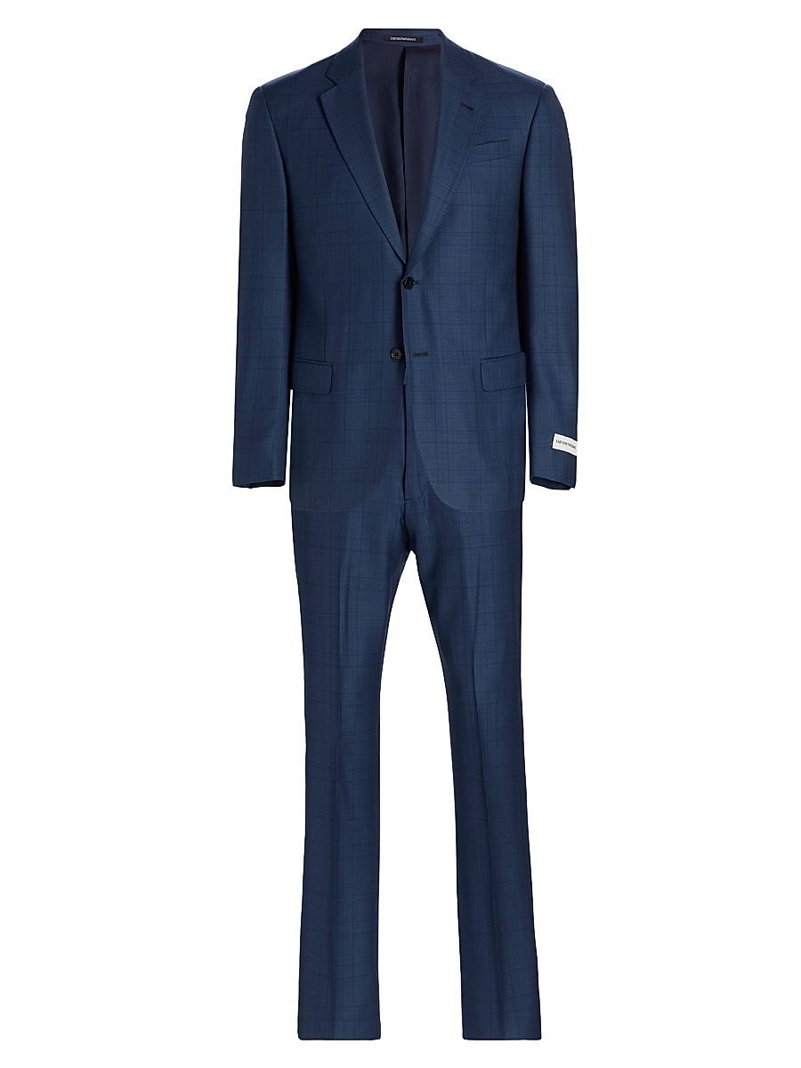 Men's Check Wool-Silk Suit - Blue - Size 42