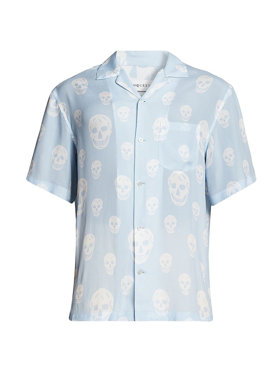 Men's Skull Camp Shirt - Ice Blue White - Size 15.75