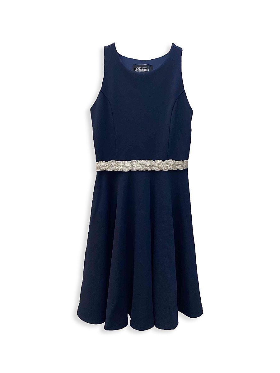 Un Deux Trois Girl's Girl's Racerback Stretch A-Line Dress - Navy Ivory - Size 16