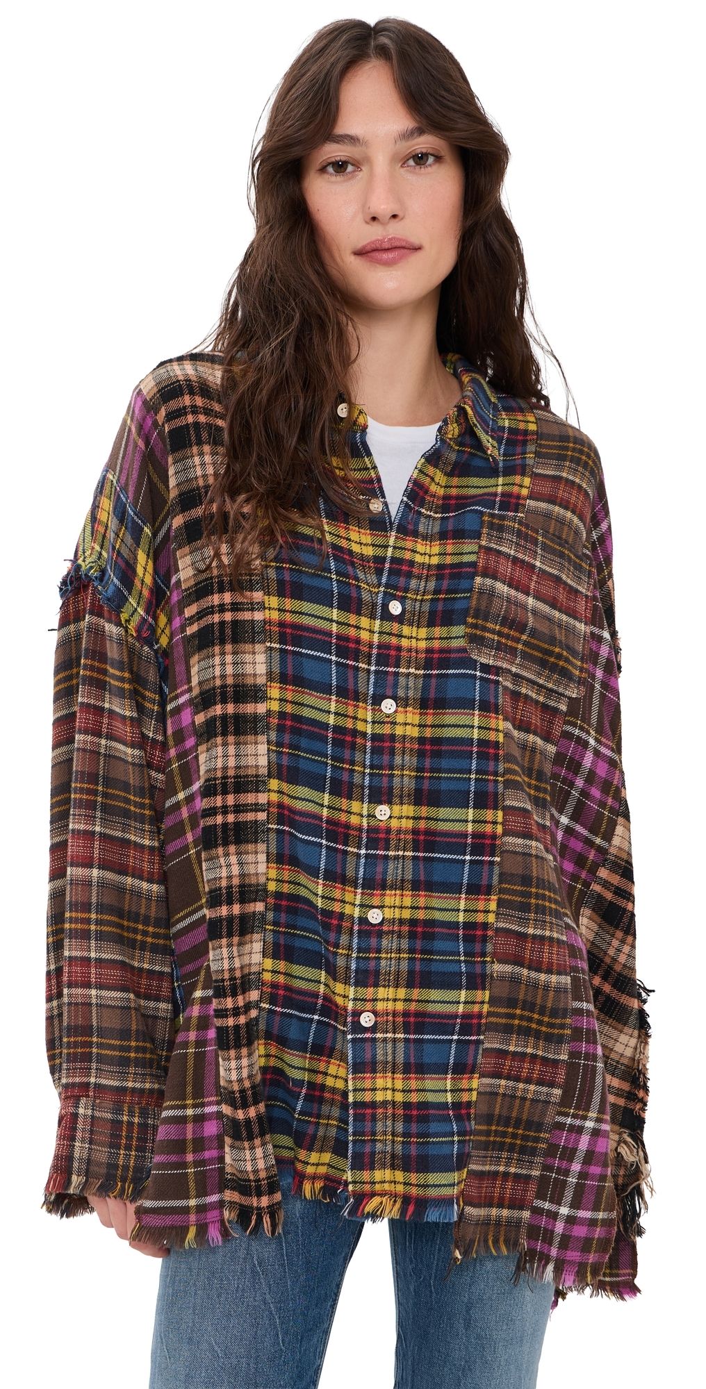 R13 Spliced Drop Neck Button Down Shirt Blue Multi Plaid S