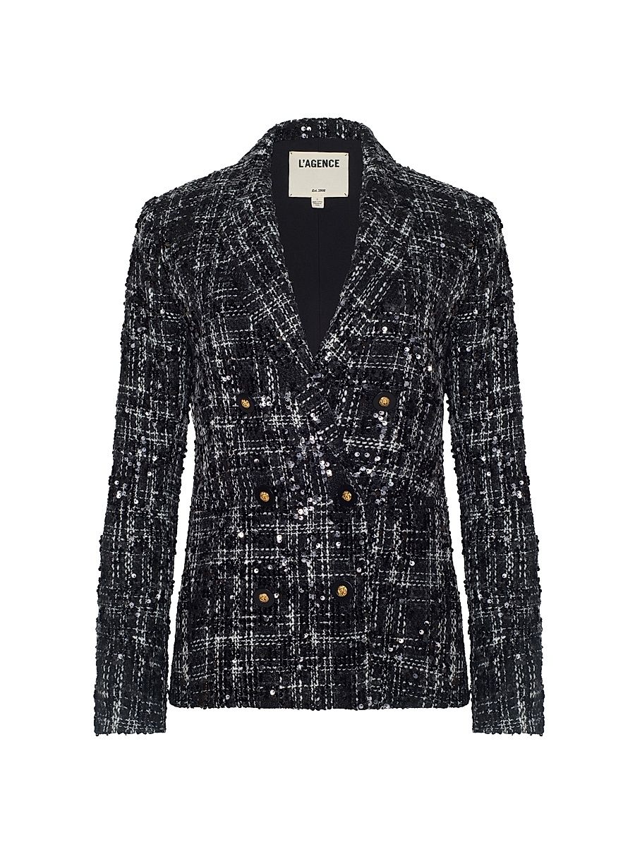 Women's Colin Sequined Silk Tweed Double-Breasted Blazer - Black Ivory Tweed Sequin - Size 8