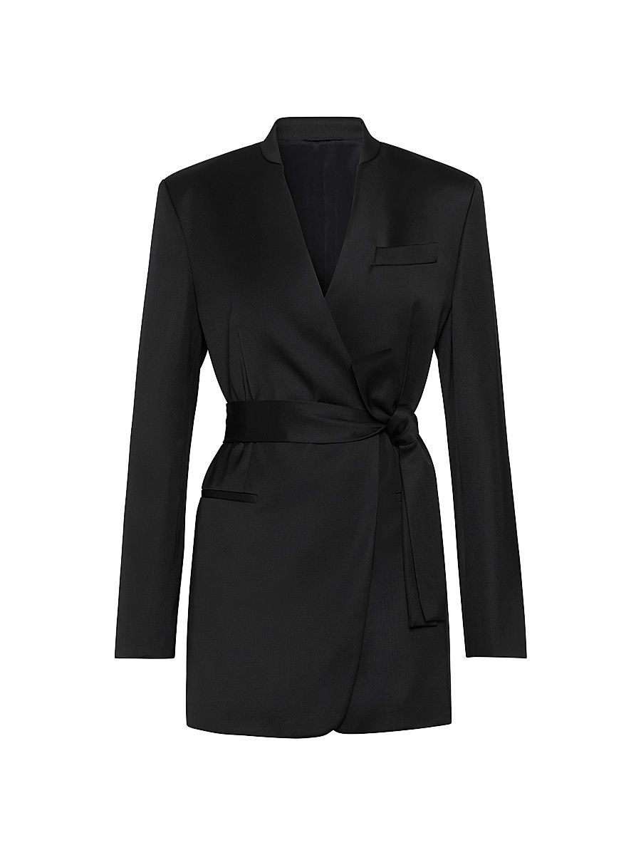 Women's Virgin Wool Stretch Satin Belted Blazer with Monili - Black - Size 12